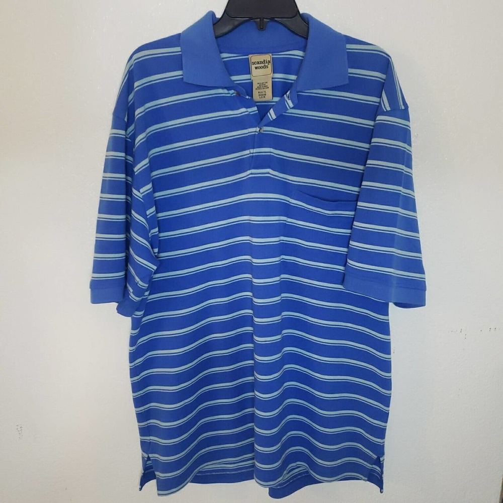 Scandia Woods Short Sleeve Pocket Polo Shirt Mens XLT Tall Blue Striped